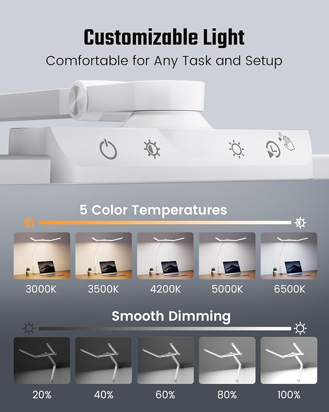 SUPERDANNY LED Desk Lamp with Power Strip (6 Outlets, 1 USB, 1 Type-C) for Home Office, Desk Light Computer Light with Clamp, Architect Desk Lamp with Smooth Dimming 5 Colors (White) - Image 5