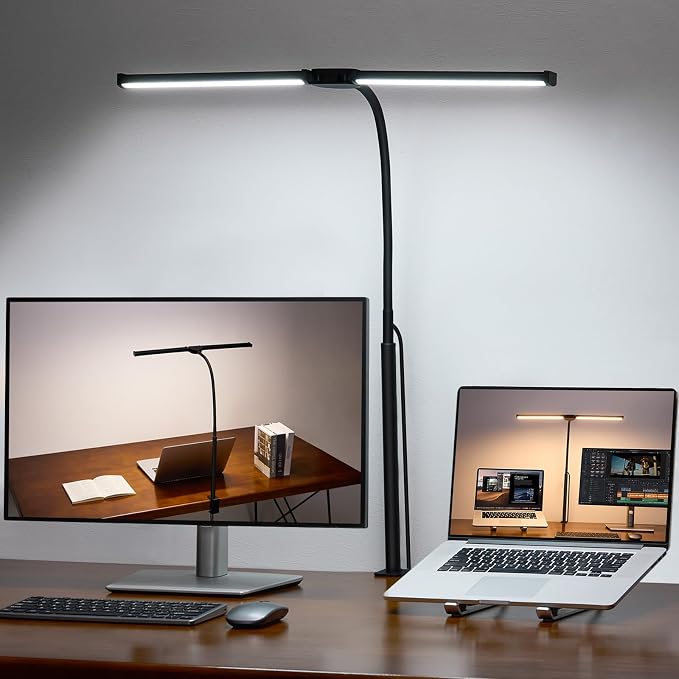 Voncerus LED Desk Lamp for Home Office, Double Head Desk Light with Clamp | 3 Modes 10 Brightness, Long Flexible Goose-Neck, Eye-Caring, Memory Function, Energy Efficient, USB Adapter, Metal, Black by Voncerus