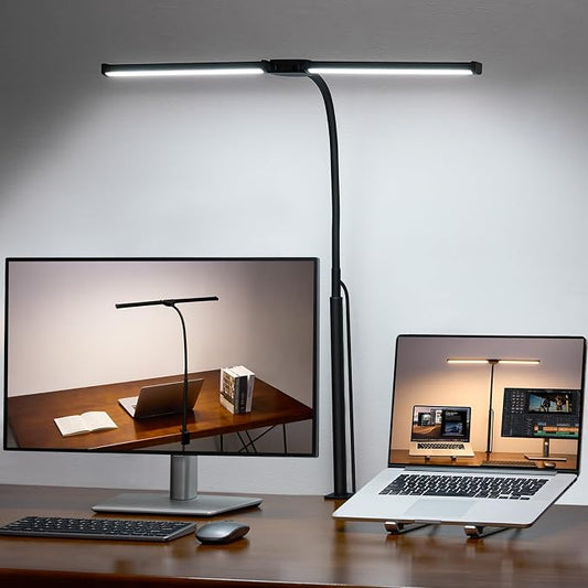 Voncerus LED Desk Lamp for Home Office, Double Head Desk Light with Clamp | 3 Modes 10 Brightness, Long Flexible Goose-Neck, Eye-Caring, Memory Function, Energy Efficient, USB Adapter, Metal, Black by Voncerus