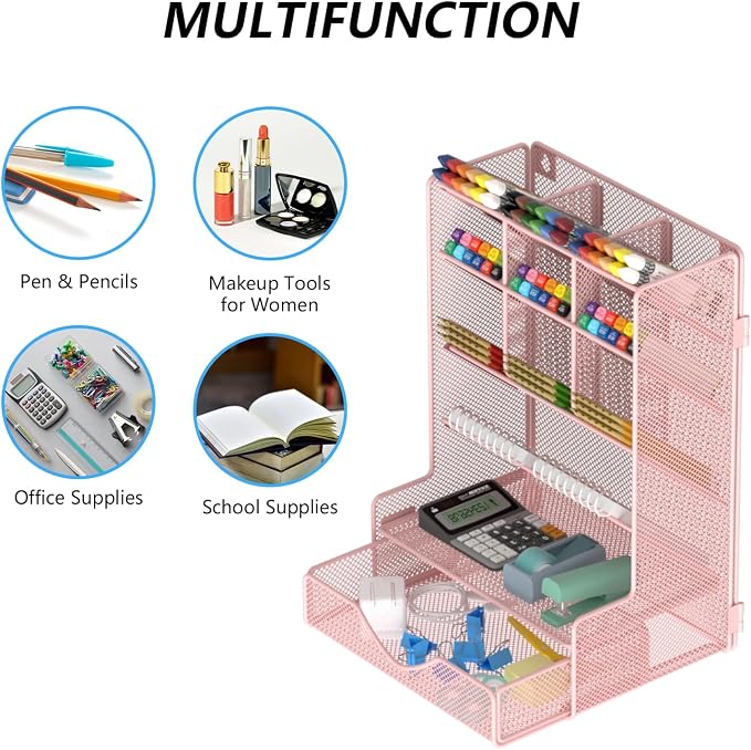 BOHDK Pen Organizer for Desk, Multi-Functional Desk Organizer, Wall Mount Pen Holder with Drawer for School, Office, Home, Art Supplies, Pink - Image 7