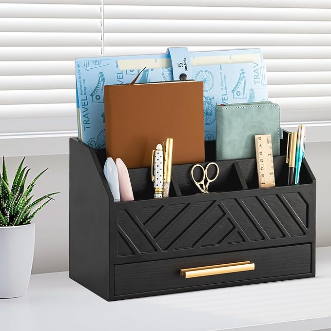 dreampossible Black Wood Desk Organizer and Accessories with Drawer, Bill Mail Organizer and File Mail Holder for Office Supplies, Modern Desk Accessories & Workspace Organizers for Desk Organization - Image 7