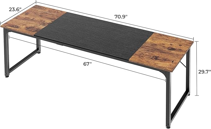 Huuger Computer Desk, 70 Inch Office Desk, Gaming Desk with Storage, Writing Desk Work Desk for Home Office, Study, Long Simple Desk, Large Legroom, Metal Frame, Rustic Brown and Black - Image 3