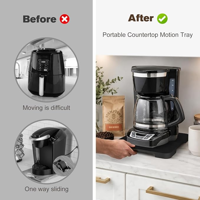 360°Rolling Tray Bamboo Kitchen Appliance Slider for Coffee Maker Pot | Countertops Sliding Tray for Coffee Maker Appliances Mat Easily from Under The Cabinet,Black 11.8"×9.8" - Image 5