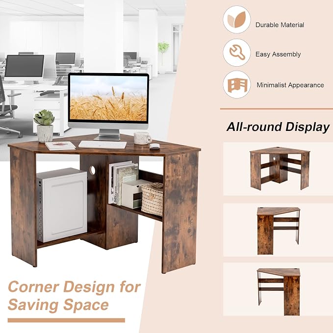 Tangkula Corner Desk, 90 Degrees Triangle Computer Desk for Small Space, Bedroom Makeup Vanity Desk with Storage Shelves & CPU Stand, Space Saving - Image 5