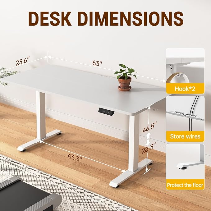 Veken Standing Desk, White, 63×23.6 Inch | Height Adjustable Sit Stand Up Computer Tables for Home Office, Study , Writing, Suit students, employees and group work - Image 2