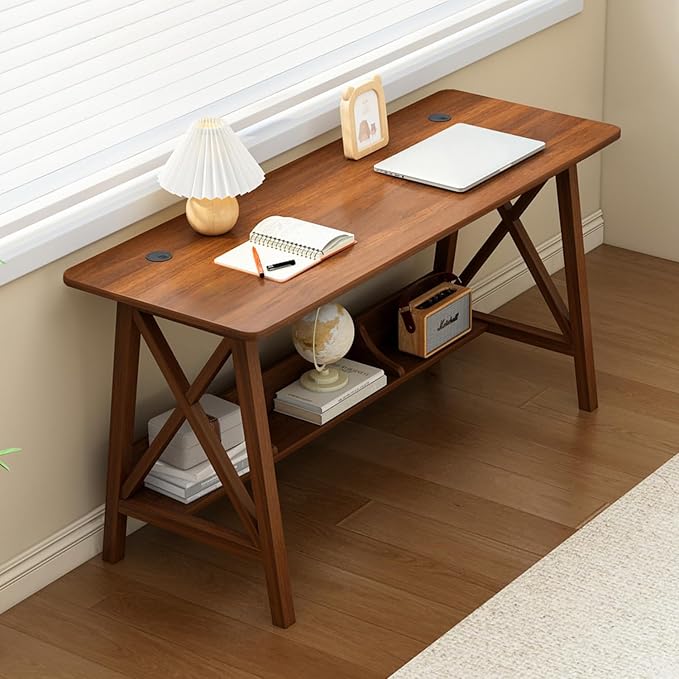 NELYE Extra Long Writing Desk with Bookshelf, 47" Wx16 Dx30 H, Walnut | Wooden Home Office Work Study Table, Computer Gaming Workstation with Storage Shelf, Sturdy MDF Resists Wobble by NELYE