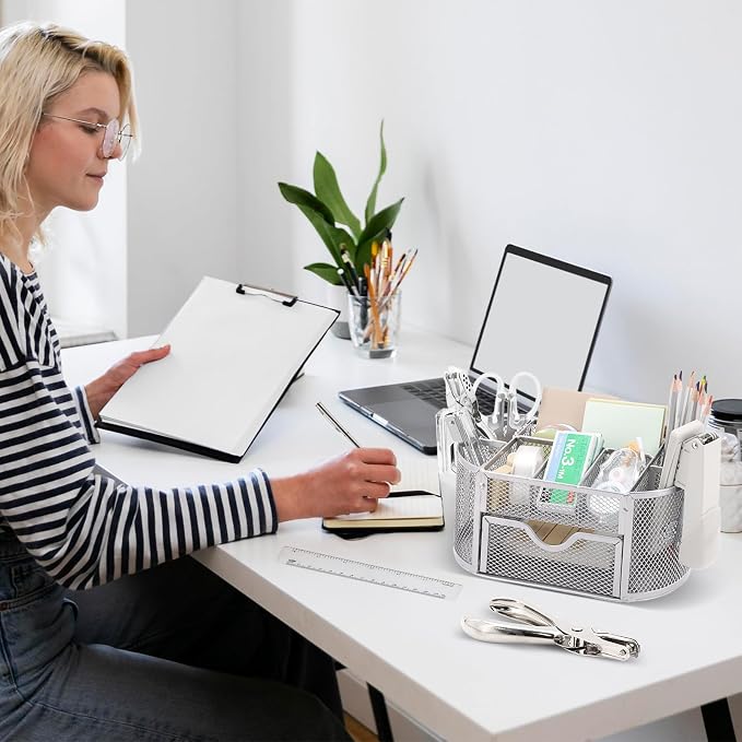 17 in1 Silvery Desk Organizers and Accessories Set, 3 Office Desk Supplies Storage Organization, 4 Pens, Stapler, Staples & Remover, Tape & Dispenser, Scissors, Ruler, Clips, Hole Punch Back to School - Image 9