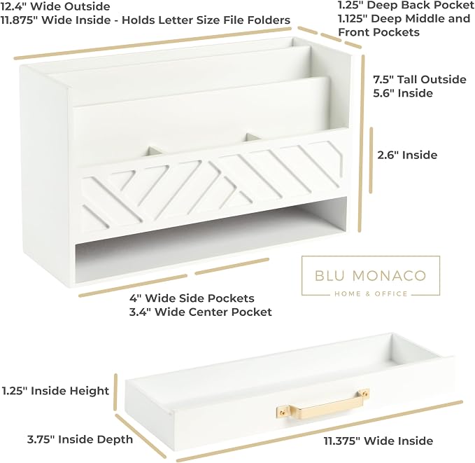 BLU MONACO | White Wooden Desk Organizer & Mail Organizer with Drawer & Gold Handle | Mail Sorter Countertop | 6 Compartments | White Desktop Organizer for Desk - Image 2