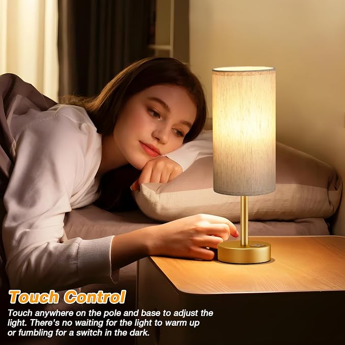 Dicoool Bedside Table Lamp for Bedroom - 3-Way Dimmable Touch Lamp, USB A+C | LED Bulb Included, 14" Small Nightstand Lamp for Desk, Living Room, Guest Room, Cream Fabric Lampshade, Gold Metal Base - Image 2