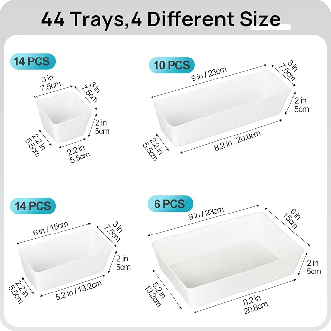 Vtopmart 44 PCS Plastic Drawer Organizer Set, Vanity Organizer Trays, White | 4-Size Versatile Makeup Organizer, Non-Slip Storage Containers for Makeup, Jewelries, Bedroom，Kitchen Utensils and Office - Image 2