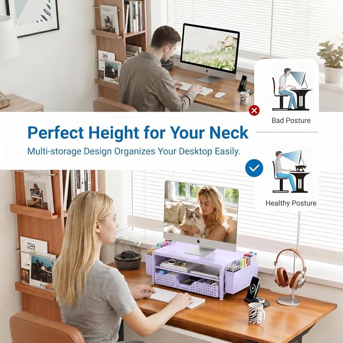 OPNICE Desk Organizers and Accessories, 2-Tier Computer Monitor Stand Riser with Drawer and 2 Pen Holders, Laptop Stand, Office Desk Accessories for Office Supplies, Purple - Image 4