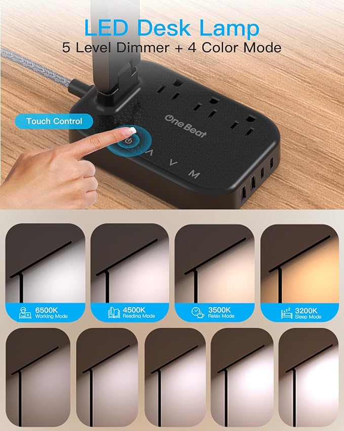 LED Desk Lamp, 10Ft Power Strip with 3 Outlets 4 USB Ports(2 USB C), Black | One Beat 4 Modes 5 Level Brightness Touch Lamp, Small Desk Lamp for Home Office College Dorm Essentials, Study Reading Light - Image 2