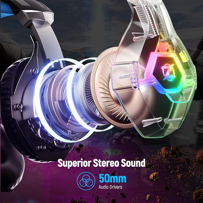 Ozeino Gaming Headset for PC, Ps4, Ps5, Xbox Headset with 7.1 Surround Sound, Gaming Headphones with Noise Cancelling Mic RGB Light Over Ear Headphones for Xbox Series X/S, Switch-Blue - Image 3