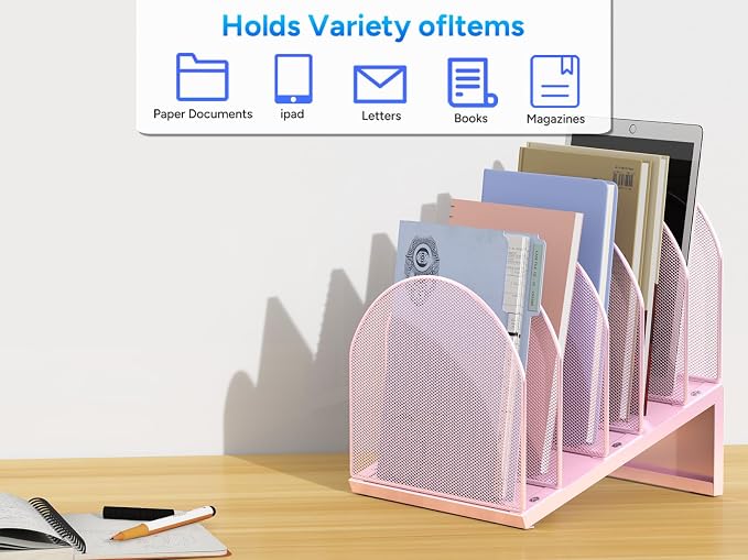 gianotter Desktop File Organizer with 5 Compartments | Desk Organizer Paper Organizer for Desk Workspace Organizers for Office Supplies (Pink, Inclined Style) - Image 7