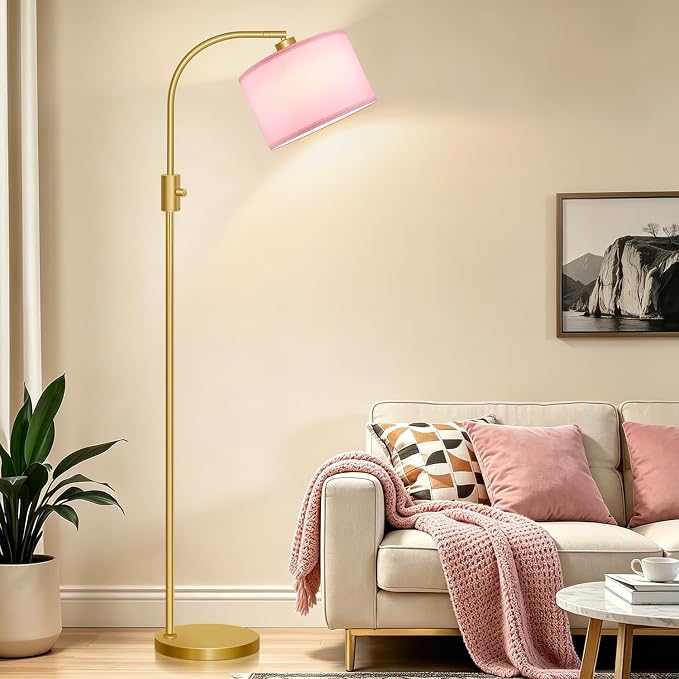 Nintiue Dimmable Floor Lamp, 1200 Lumens LED Edison Bulb Included, Arc Gold Floor Lamps for Living Room Modern Standing Lamp with Pink Linen Shade - Image 5