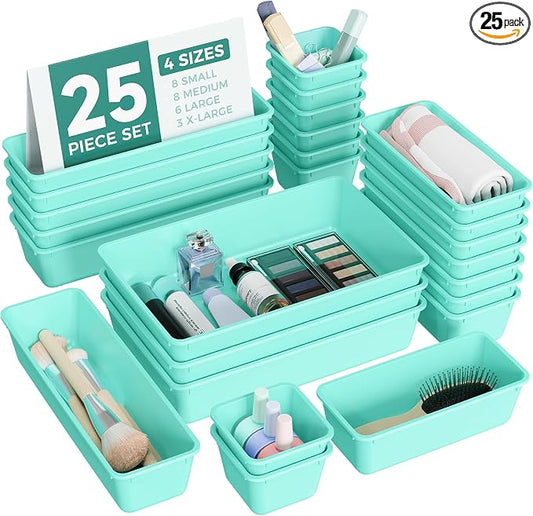 BiuLeon 25 PCS Plastic Drawer Organizers Set, 4-Sizes Vanity and Makeup Organizer, Desk and bathroom Drawer Organizer Trays, Organizers and Storage for Makeup, Jewelry, Gadgets, Utensils (Blue) by Unknown