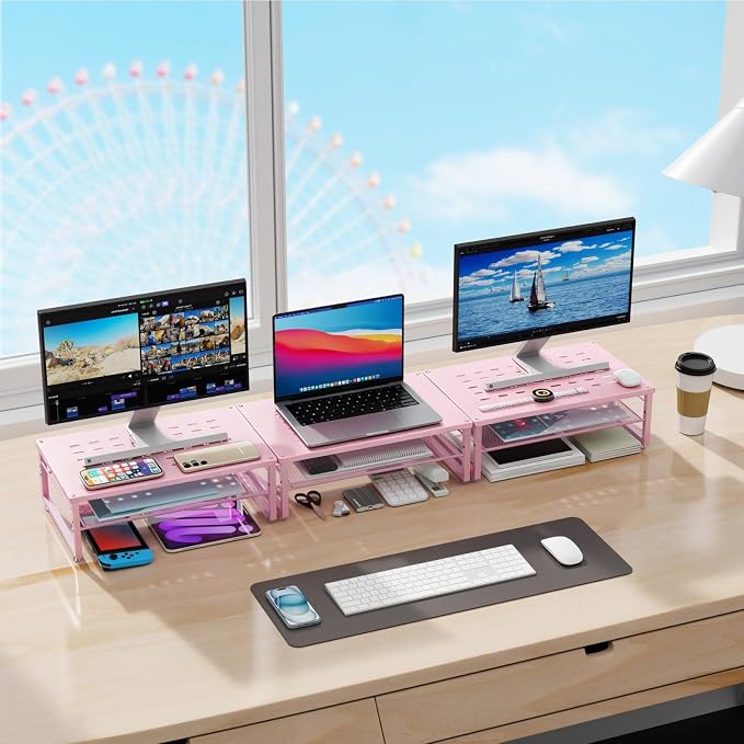 Gianotter 2-Tier Metal Monitor Stand Riser, Workspace Organizer with Desk Accessories, Office Storage for Supplies (Pink) - Image 6