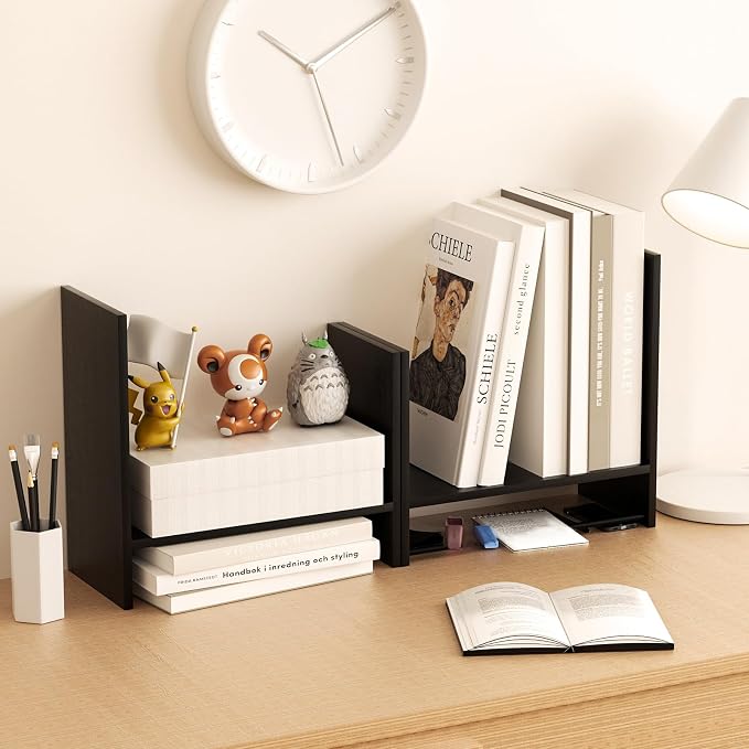 Desk Shelves Wood Desktop Orgnizer Shelf.Office Organization for Top of Desk Organizers and Accessories Bookshelf Shelving,Adjustable Tier H-Shape Mini Bookcase(Black) - Image 3