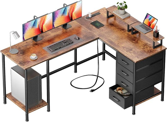 Korfile 59 inch L Shaped Computer Desk with Power Outlets, Rustic Brown | Ideal for Home Office, Bedroom, Corner, 4 Adjustable Storage Drawers, 2 Monitor Stands, Reversible, Two Person Gaming Table by Korfile