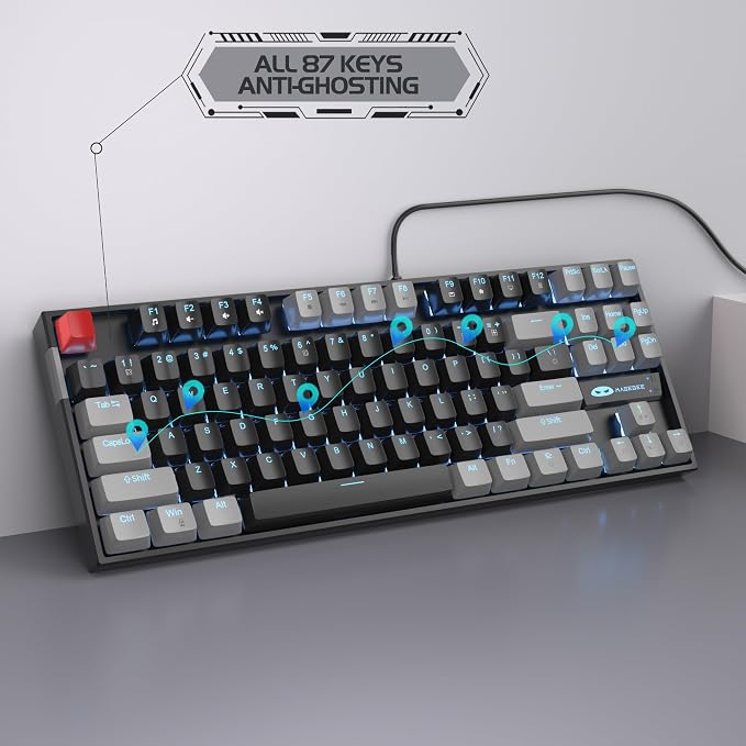 MageGee 75% Mechanical Gaming Keyboard, Red Switch, LED Blue Backlit, 87 Keys Compact TKL Wired Computer Keyboards for Windows Laptop PC Gamer - Black/Grey - Image 5