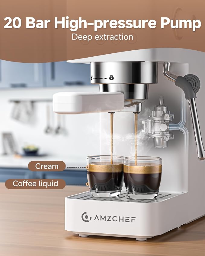 AMZCHEF Compact Espresso Machine 20 Bar, Americano, Latte & Cappuccino | Easy One-Touch Brewing, 30s Heat-Up, Stable PID Control, Easy Milk Frothing, Compact Design, 50oz Tank, White - Image 2