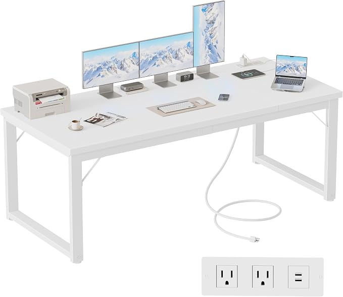 Mericonia 63 Inch Computer Desk with Power Outlets, 1.2" Thick Office Table | Modern Simple Style, Heavy Duty Industrial Frame, Large Study & Writing Table for Home Bedroom Work, White by MERICONIA