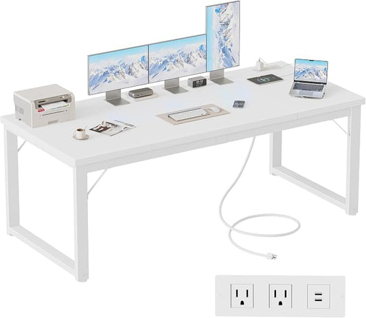 Mericonia 63 Inch Computer Desk with Power Outlets, 1.2" Thick Office Table | Modern Simple Style, Heavy Duty Industrial Frame, Large Study & Writing Table for Home Bedroom Work, White by MERICONIA