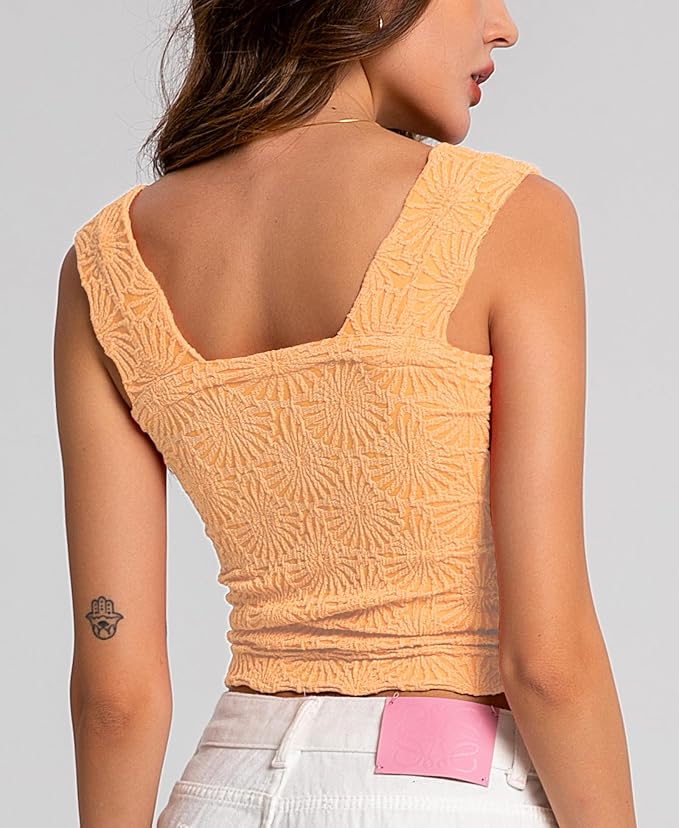 Women's Square Neck Wide Strap Crop Tank Tops Flower Going Out Tops Slim Fit Lettuce Trim Crop Cami Tops - Image 4