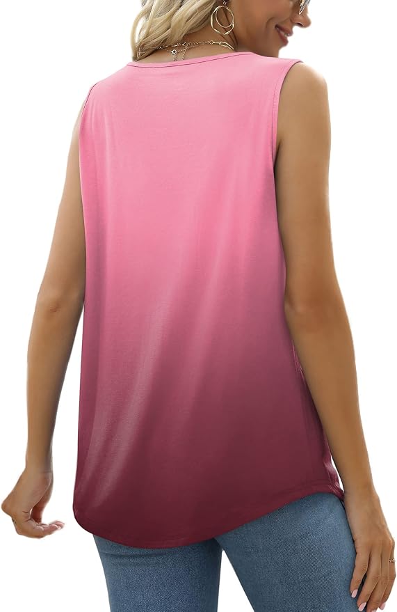 Saloogoe Summer Tank Tops for Women Loose Fit Pleated Square Neck Sleeveless Tops Curved Hem Flowy - Image 4