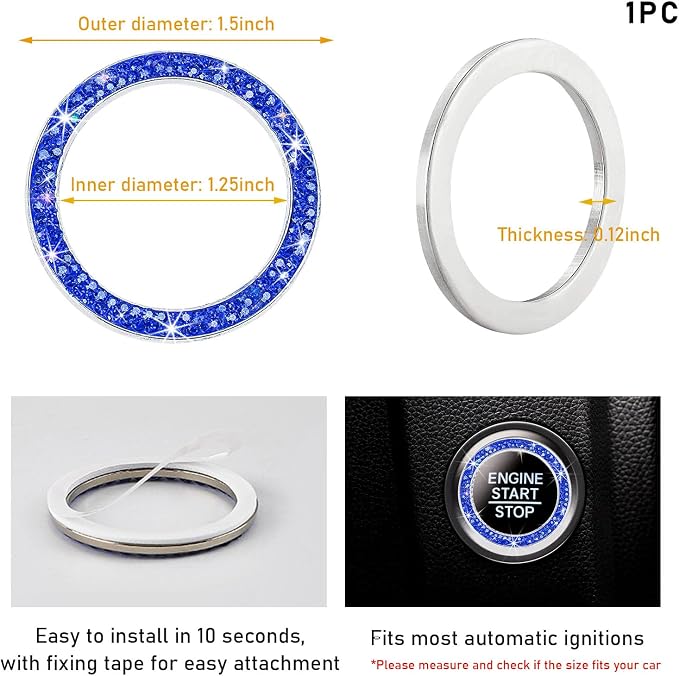 Kewucn Bling Crystal Double Rhinestone Car Engine Start Decoration Ring, Sparkling Push Start Button Sticker, Key Ignition & Knob Ring Decoration, Bling Car Interior Accessory(Dark Blue) - Image 2
