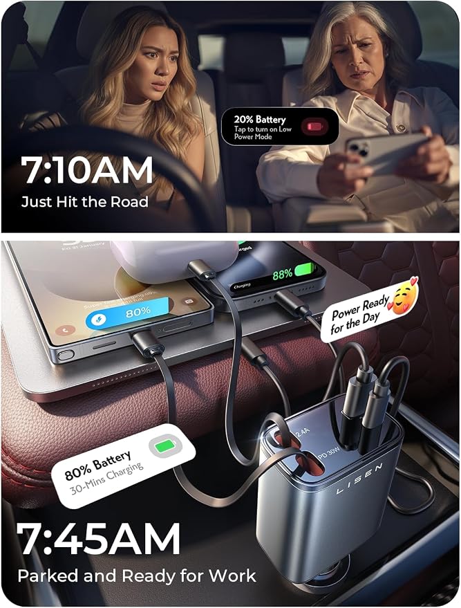 LISEN Retractable Car Charger, [2026 Upgrade 50 inch ] Long 4 in 1 Retractable Cable Car Charger, USB C Car Charger Fast Charging for iPhone 17 16 15 14 13 12 11 X Pro Max Plus Mini, Samsung S26 | Multiple Ports Car Charger, Retractable Car Charger Fas... - Image 5