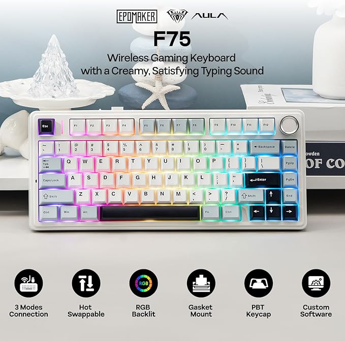 EPOMAKER x Aula F75 Gasket Mechanical Keyboard, 75% Wireless Hot Swappable Gaming Keyboard with Five-Layer Padding&Knob, BT/2.4GHz/USB-C, RGB (Light Blue, LEOBOG Reaper Switch) - Image 2