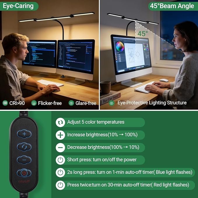 LED Desk Lamp for Home Office,3 Lamp Bars, 5 Color Temperatures & 10 Dimming Brightness, Flexible Neck, 15W USB Adapter Desk Light with Clamp for Reading, Study, Craft (Black) - Image 6