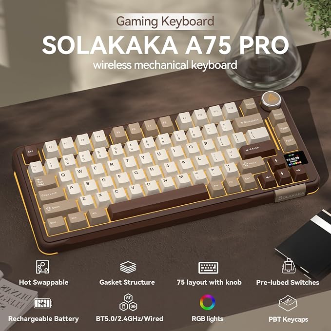 SOLAKAKA A75 PRO 75% Wireless Mechanical Keyboard with Screen and Knob, Tri-Mode Hot Swappable Gaming Keyboard, RGB Backlit Gasket Creamy Pre-lubed PBT Computer Keyboard for PC/Mac/Win,Brown - Image 2