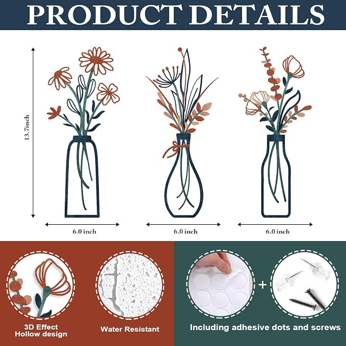 Pigort 3 Pieces Metal Flowers Wall Arts - Rustic Farmhouse Decor Minimalist Flower Wall Decors for Living room Bathroom Bedroom Dining Room-Housewarming Gifts - Image 2