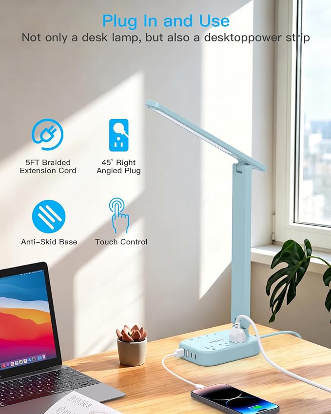 LED Desk Lamp, Power Strip with 4 USB 3 Outlets, Dorm Room Essentials, Blue | One Beat 4 Modes 5 Level Brightness Touch Lamp, Small Desk Lamp for Home Office College Dorm Essentials, Study Reading Light - Image 5