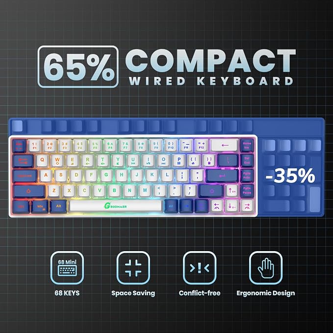 GEODMAER 65% Gaming Keyboard, LED Backlit Mini Wired Keyboard, Ultra-Compact Anti-Ghosting No-Conflict 68 Keys Membrane Gaming Wired Keyboard for PC Laptop Windows Gamer(White-Blue) - Image 4