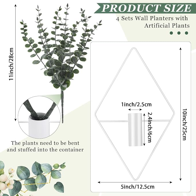 Jexine 4 Pcs Hanging Planters with Artificial Eucalyptus Metal Hanging Vase Indoor Plants Holder Modern Geometric Boho Bathroom Wall Decor for Living Room Home Office (Eucalyptus,White) - Image 2