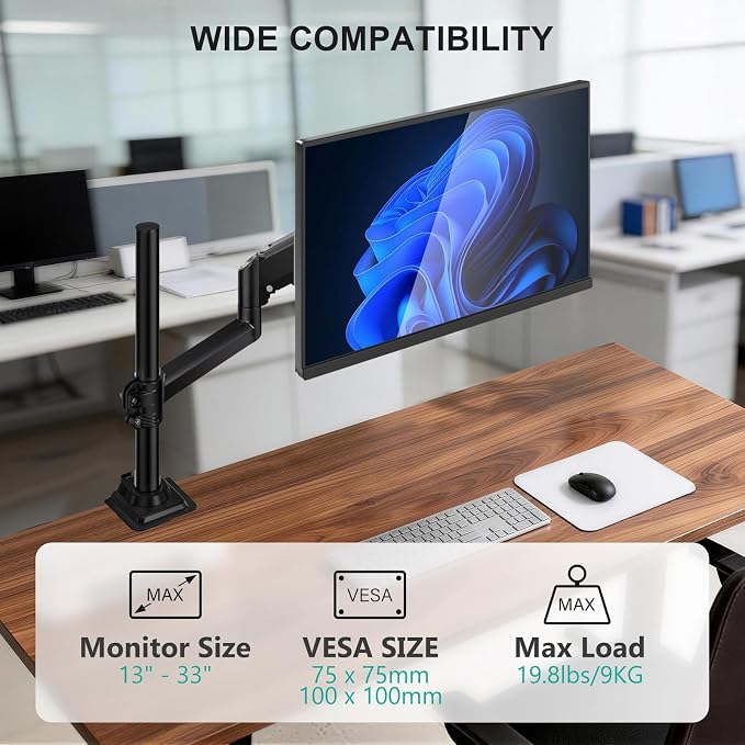 WALI Single Monitor Arm 13-33 Inch, Single Monitor Mount, Vesa Desk Mount up to 19.8lbs Single Monitor Stand with Clamp, VESA 75x75mm or 100x100mm Compatibility(GSDM001), Black - Image 3