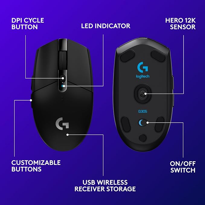 Logitech G305 Lightspeed Wireless Gaming Mouse - Black | Hero Sensor 12, Lightspeed 1ms Wireless, Up to 250h on 1xaa, 6 Programmable Buttons, 99g with Battery - Image 6