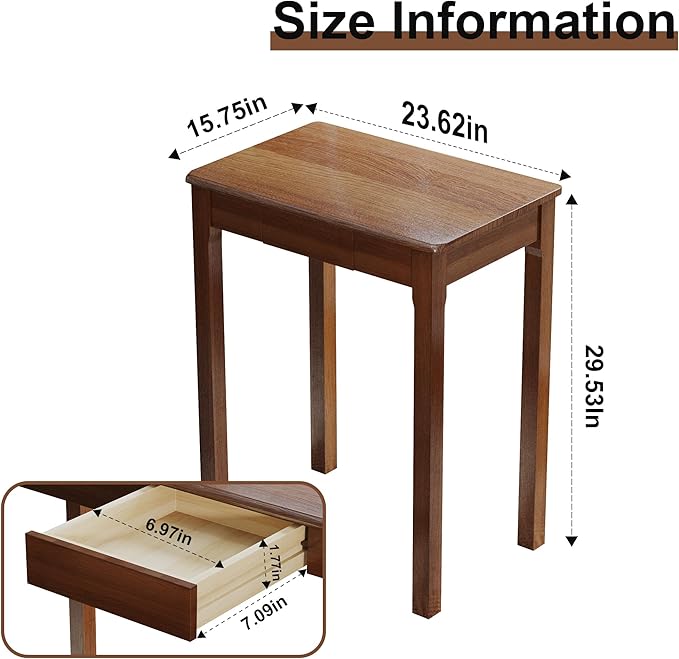 Solid Wood Desk with Drawers - 23.6" Narrow Desks for Small Spaces, Mid Century Modern Desks, Small Wooden Vintage Computer Writing Desk, Study Table for Home Office Bedroom, Walnut - Image 3