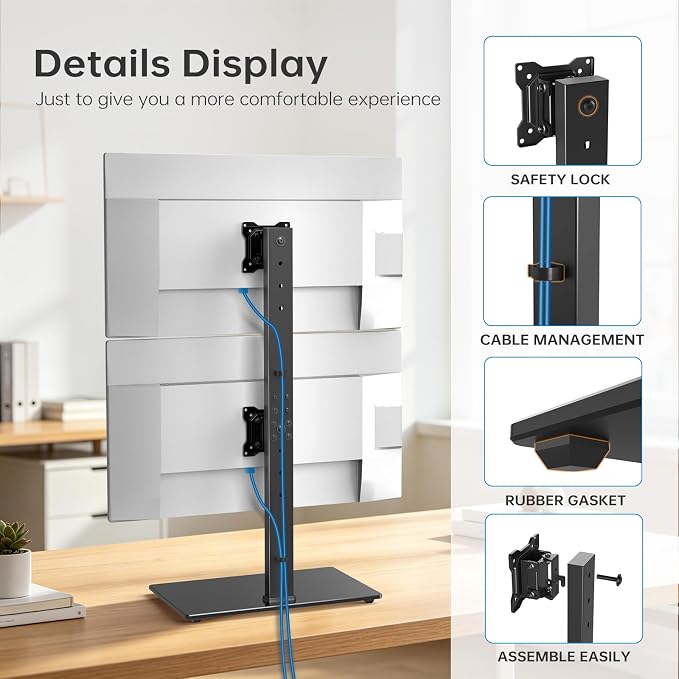 Vertical Dual Monitor Stand for 13-32 Inch Monitors, No Clamp, Freestanding | Supports 44 lbs/Arm | Tempered Glass Base | ±25° Swivel | -5° to +10° Tilt | 8 Height Options | VESA 75×75/100×100 mm - Image 6