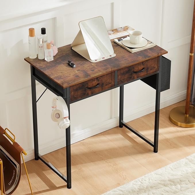 DUMOS 32" Home Office Computer Desk with Drawers, Small Gaming Writing Study Table with Storage Side Bag, Headphone Hook and Adjustable Feet for Bedroom Rustic Brown - Image 5