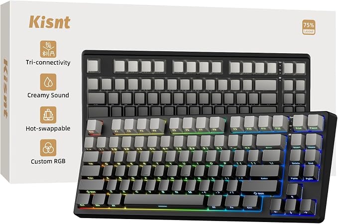 Kisnt KN85 Wireless Mechanical Keyboard, 75% Layout with Side Printed PBT Keycaps, Bluetooth/2.4GHz/USB-C, Custom RGB Backlit, Hot-Swappable Linear Switch,Creamy Sound for Gaming/Typing(Gradient Gray) by Kisnt