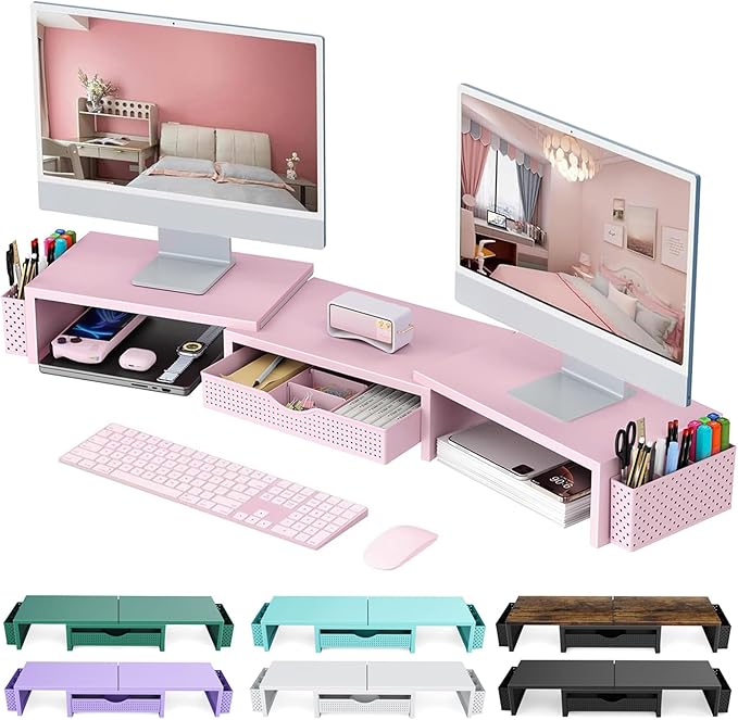 gianotter Dual Monitor Stand Riser, Desk Organizer With Drawer and 2 Pen Holders,Desk Organizers and Accessories, Pink Office Supplies (Pink) by gianotter