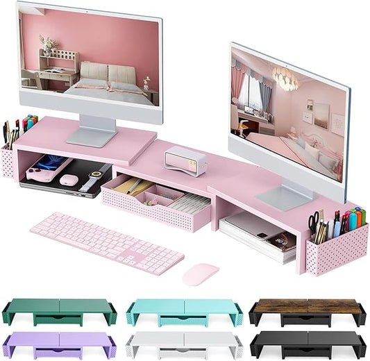 gianotter Dual Monitor Stand Riser, Desk Organizer With Drawer and 2 Pen Holders,Desk Organizers and Accessories, Pink Office Supplies (Pink) by gianotter