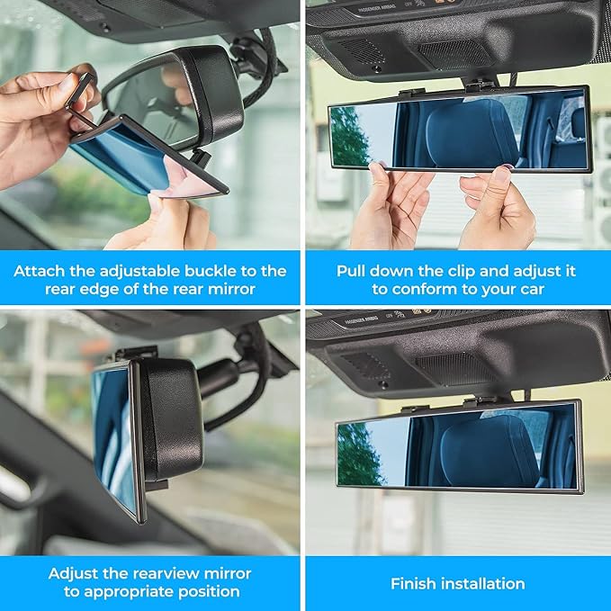 JOYTUTUS Rear View Mirror, Universal 12 Inch Panoramic Convex Rearview Interior Clip-on Wide Angle Mirror to Reduce Blind Spot Effectively for Car SUV Trucks - Blue - Image 6