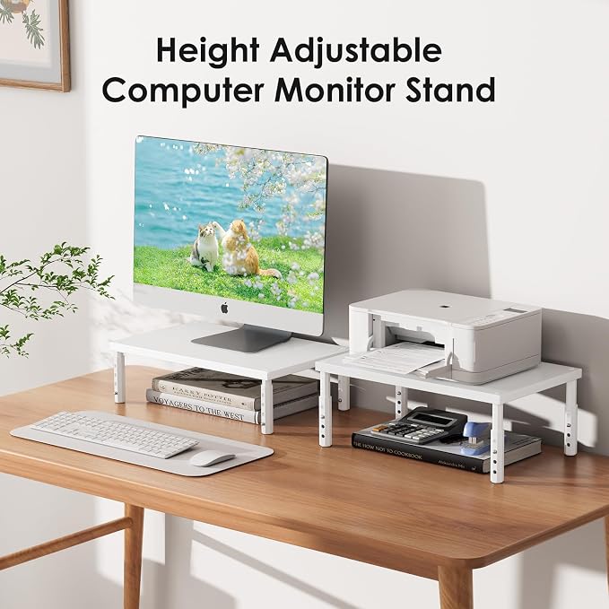 ECOLOVI Wood Computer Monitor Stand Riser for Desk, 4-Height Adjustable Desktop PC Printer Laptop Stand Shelf, Desk Organizer Workspace Accessories for Home Office Supplies, White - Image 7