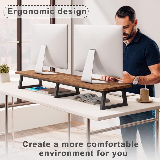 TEAMIX 42 inch Large [Dual] [Monitor] [Riser],Rustic Brown Extra Long TV [Stand Wood & Steel Desktop [Riser] with Storage for [Dual] Screen Office Desk Organization - Image 3