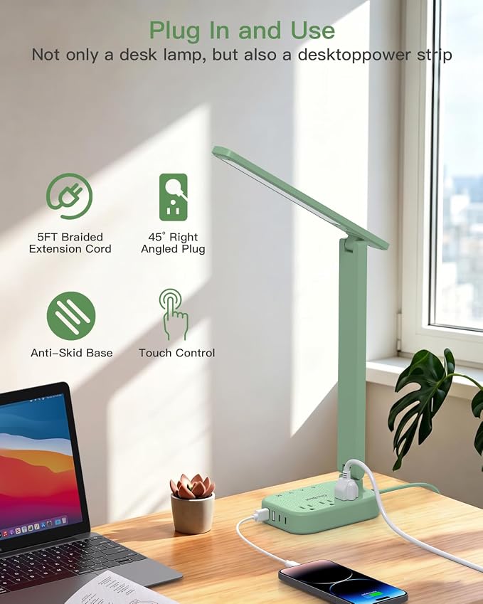 LED Desk Lamp Power Strip with 4 USB 3 Outlets, Dorm Room Essentials, Green | One Beat 4 Modes 5 Level Brightness Touch Lamp, Small Desk Lamp for Home Office College Dorm Essentials, Study Reading Light - Image 6